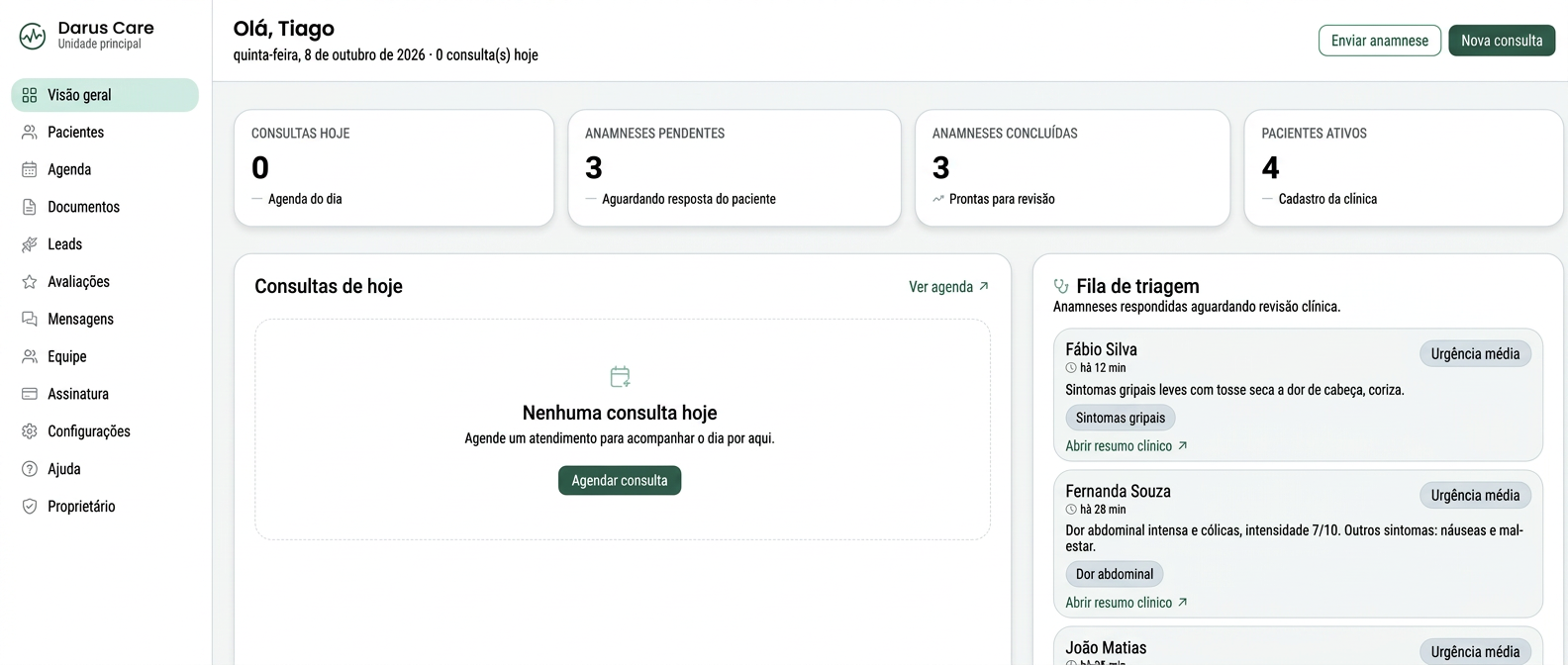 Ilustração demonstrativa de Anamnese no Darus Care, com dados fictícios
